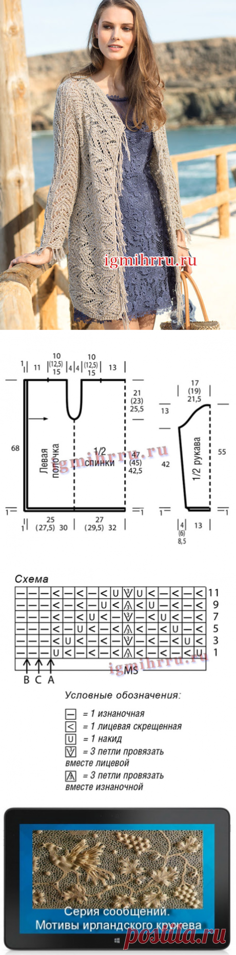Связанный поперек кардиган с красивым ажурным узором . Вязание спицами