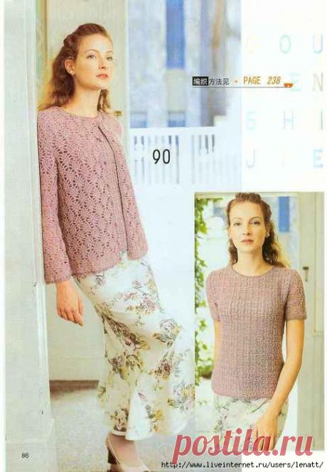 Крючок. Комплект - жакет и кофта с короткими рукавами