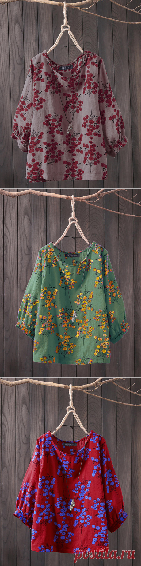 women 3/4 sleeve o neck casual loose print blouse