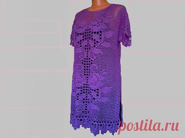 Сиреневая туника филейным вязанием от мастерицы Татьяна Солодовченко. 
Пехорка , ВИСКОЗА НАТУРАЛЬНАЯ, 100 гр- 400 м, Ушло 400 гр. Крючок КЛОВЕР № 2.