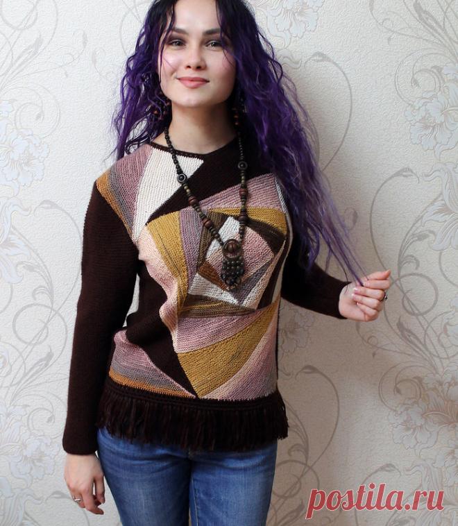 Вязаный калейдоскоп -пуловер в стиле пэчворк