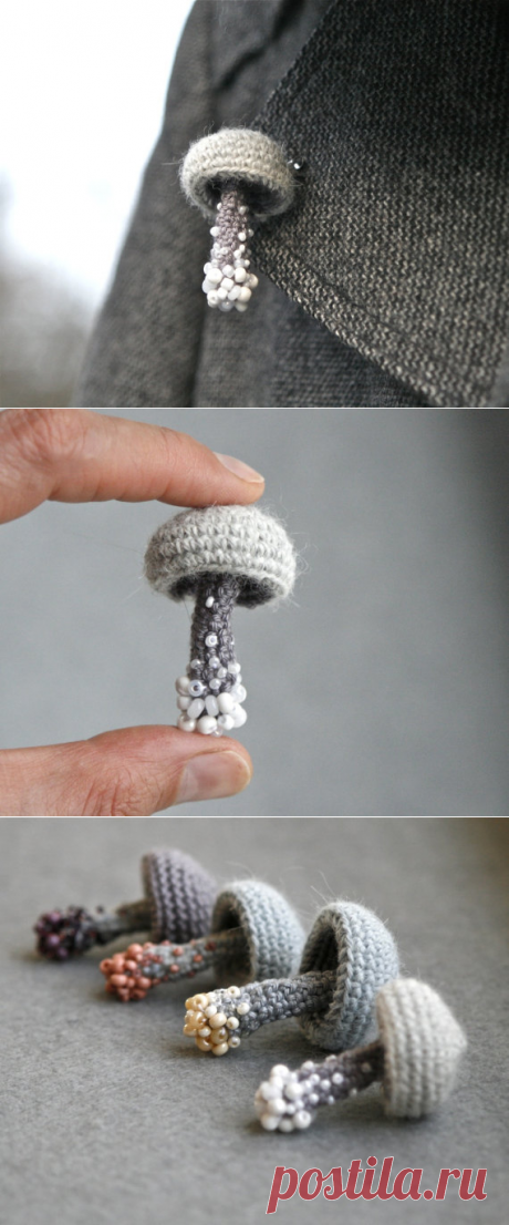 Beaded mushroom crochet brooch grey pin whimsical jewelry