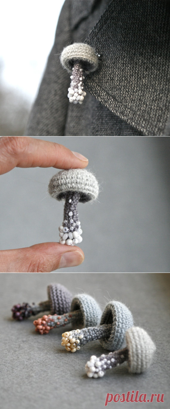 Beaded mushroom crochet brooch grey pin whimsical jewelry