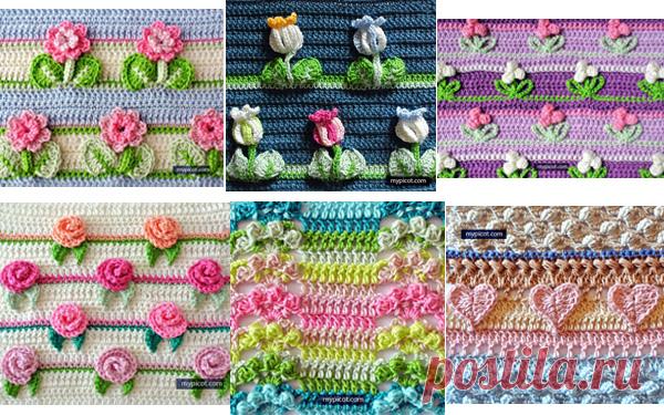 Семь узоров крючком Семь схем вязания узоров крючком.  Эти узоры можно использовать для выполнения ковриков, пледов, сумок  и отделки одежды…