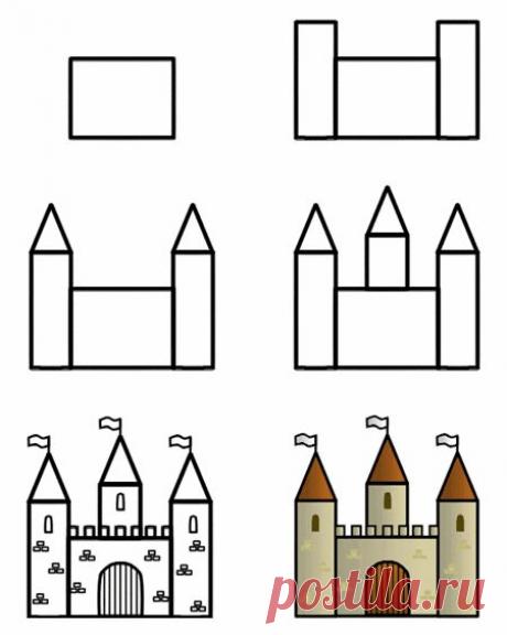 Как нарисовать замок, дворец карандашом поэтапно?