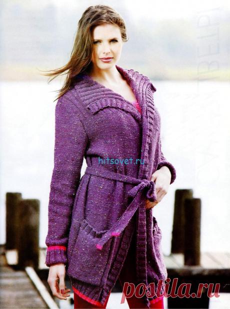 Вязание кардигана с поясом - Хитсовет Вязание кардигана с поясом. Для вязания кардигана Вам потребуется: 750 (800; 850; 900; 950) г пряжи TWEEDEE (45% мериносовая шерсть, 24% акрил, 20% полиамид и 11% вискоза; 50 г/120 м) № 05 в фиолетовой гамме; 50 г пряжи Week-end (50% шерсть, 50% акрил; 50 г/125 м) № 3192 цвета фуксии. Спицы № 4 и 4,5.