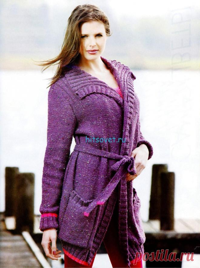 Вязание кардигана с поясом - Хитсовет Вязание кардигана с поясом. Для вязания кардигана Вам потребуется: 750 (800; 850; 900; 950) г пряжи TWEEDEE (45% мериносовая шерсть, 24% акрил, 20% полиамид и 11% вискоза; 50 г/120 м) № 05 в фиолетовой гамме; 50 г пряжи Week-end (50% шерсть, 50% акрил; 50 г/125 м) № 3192 цвета фуксии. Спицы № 4 и 4,5.