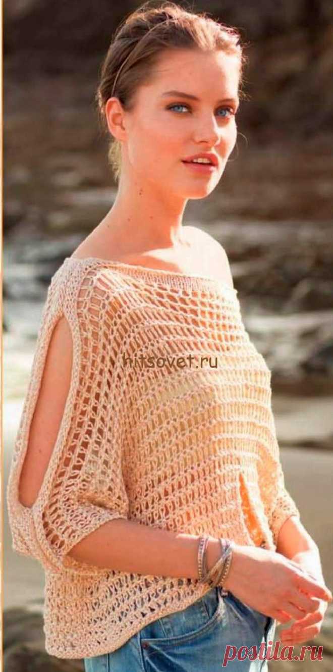 Сетчатый джемпер с цельновязанными рукавами. Спицами. / hitsovet.ru