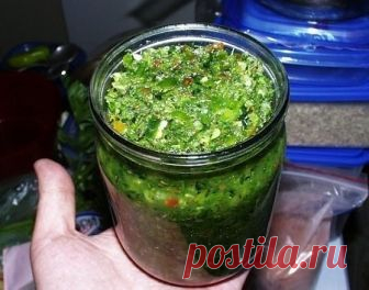 Зеленая аджика 

Это вкусная приправа ко многим блюдам: к мясу, к картошке, она очень полезная для здоровья и долголетия. Ее можно кушать сразу или хранить в холодильнике до следующего лета, если только там что-то останется. Готовится необычайно просто и вкусно. Очень вкусно! Тот, кто попробует один раз, больше не сможет отказаться от нее.))) 

Состав: 
3-4 головки чеснока 
3-4 луковицы 
3-4 зеленых сладких перца 
3 шт. горького перца 
пучок петрушки 
пучок укропа 
некотор...