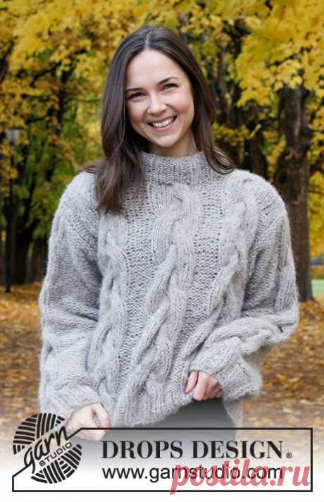 Evening Fires Sweater / DROPS 226-40 - Free knitting patterns by DROPS Design Knitted sweater in 2 strands DROPS Brushed Alpaca Silk or 1 strand DROPS Wish. Piece is knitted with cables and double neck edge. Size: S - XXXL