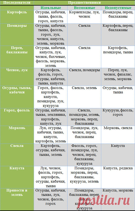 Севооборот на огороде, таблица посевов и посадок