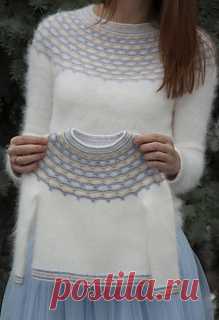 Winter Angel pattern by Tanya Mulokas 
“If angels wore pullovers, I know who would knit them for them!” - these words said by my friend gave the name to this design. It was originally created for my daughter, but my Instagram followers showed so much love to it, that I decided to make and publish the pattern of adult and kid versions.
