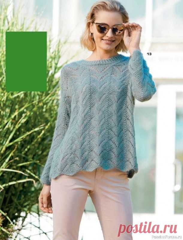 Зеленый пуловер оверсайз. Описание | Вязание для женщин спицами. Схемы вязания спицами Тростниково-зеленый пуловер оверсайзРазмеры: 36/38 (44/46)