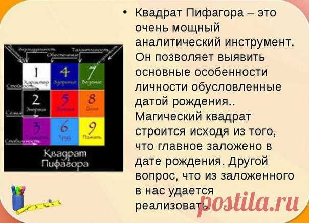 Квадрат Пифагора: узнай характер по дате рождения Эти нехитрые вычисления помогут вам раскрыть характер человека. Для этого нужно узнать дату рождения.  Например, этот человек родился 19.03.1983. Начинаем складывать: 1) цифры дня и месяца рождения: 1+9+3=13; 2) цифры года рождения: 1+9+8+3=21; 3) и, наконец, два полученных числа: 13+21=34. Получилось 34-первое рабочее число. Теперь сложите цифры первого рабочего числа: 3+4=7 7-второе рабочее число Из …