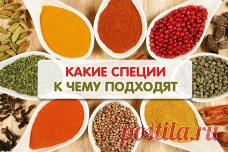 Специи - что к чему подходит:

ДЛЯ МЯСА: красный, черный, душистый перец или гвоздика, майоран, тимьян, тмин, куркума, лук, орегано. 
ДЛЯ ПТИЦЫ: тимьян, майоран, розмарин, шалфей, чабрец, базилик. 
ДЛЯ РЫБЫ: лавровый лист, белый перец, имбирь, душистый перец, лук, кориандр, перец чили, горчица, укроп, тимьян. 
ДЛЯ ГРИЛЯ: красный перец, душистый перец, кардамон, тимьян, майоран, мускатный орех и мускатный цвет, тмин, имбирь, перец чили. 
ДЛЯ ДИЧИ: тимьян, душица обыкновенна...