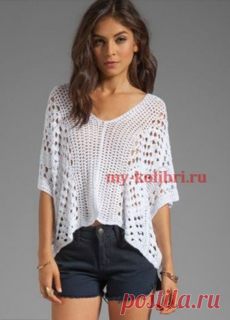 Летний пуловер крючком из хлопка - Колибри Дорогие друзья, спешу с вами поделиться интересной моделью летнего пуловера, вязанного крючком. Млад