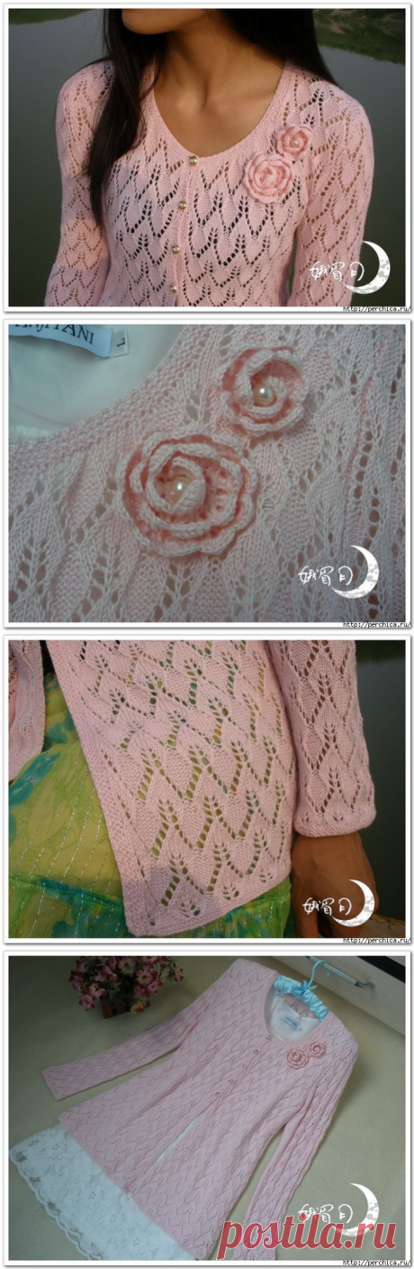 Ажурная нежная женская кофточка связанная спицами.