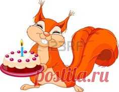 Illustration of Very Cute Squirrel holding birthday cake Stock Vector