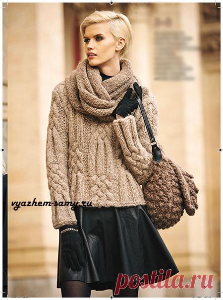 Комплект спицами: пуловер, шарф-хомут и сумка Комплект спицами: пуловер, шарф-хомут и сумка