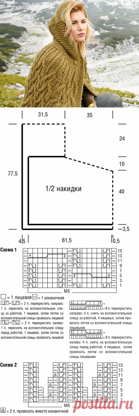 Накидка с капюшоном и узором из «кос» - схема вязания спицами. Вяжем Накидки на Verena.ru