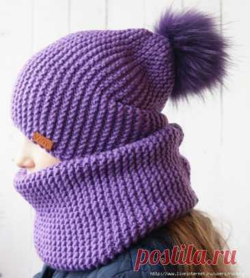 ​Шапка - бини и снуд платочной вязкой Шапка связана на взрослого, размер ОГ 56-58 см, высота шапки 26 см. Для вязания использована пряжа от Nako Jersey (74/100 гр), спицы № 7.На шапочку ушло ровно 100 гр пряжи. Т.е. одного мотка вам как раз хватит. Шапка вяжется на круговых спицах, так как на них удобнее вязать укороченные...