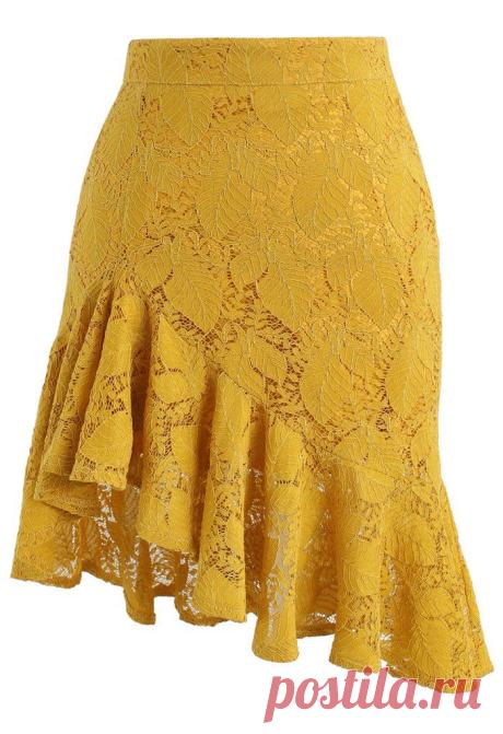 Paradisiacal Asymmetric Frill Hem Lace Skirt in Mustard - Retro, Indie and Unique Fashion