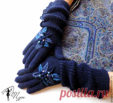 Купить Перчатки " Француженка" работа для примера. - тёмно-синий, цветочный, перчатки, перчатки вязаные