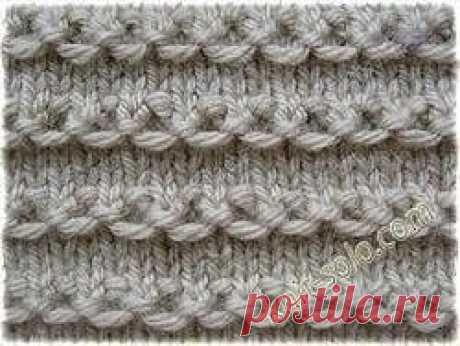 Тёплый узор спицами Тёплый узор спицамиЧисло петель в раппорте должно быть кратно числу 2, плюс 2 кромочные.1-й ряд: кром., *1 изн., 1 петлю снять (нить перед работой)*., кром. (кромочные - 1-я снимается не провязывая, последняя провязывается изнаночной.); * ... * - повторяем.2-й ряд: после первой кромочной...