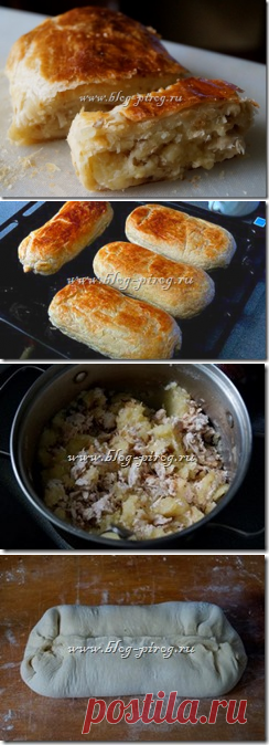 Картофельный пирог из слоеного дрожжевого теста с курицей и луком | блог ПИРОГ