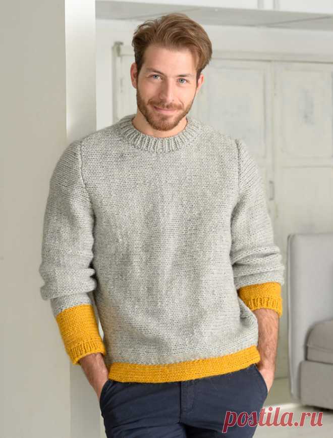 Мужской пуловер спицами с контрастной вставкой на рукавах - Портал рукоделия и моды
