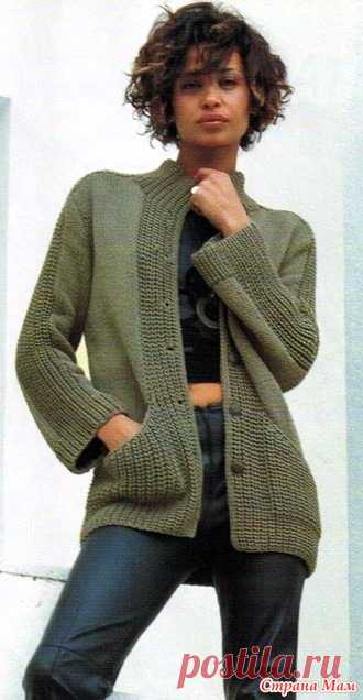 Жакет с рукавами погон и карманами кенгуру. Спицы. Размеры: 1) 34/36 2) 38/20 3) 42/44 4) 46/48 5) 50/52 Рекомендуется пряжа Aviso цвета Romarin (60% хлопок, 40% акрил; 50г/68м) – 1)15 2) 17 3) 19 4) 20 5) 23 мотка