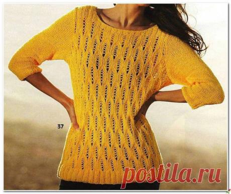 ЖЁЛТЫЙ ПУЛОВЕР С АЖУРНЫМ УЗОРОМ..