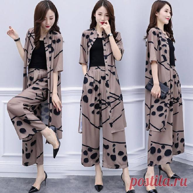 Шифоновый Женский повседневный комплект из 2 предметов, свободный костюм, брюки С широкими штанинами и длинные женские брюки, большие размеры | AliExpress