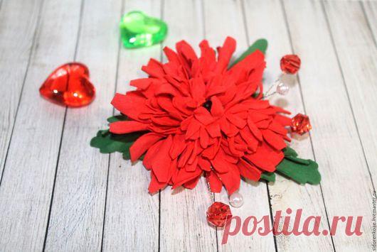 Купить Заколка для волос цветы из фоамирана Красная хризантема - ярко-красный, гребень для прически