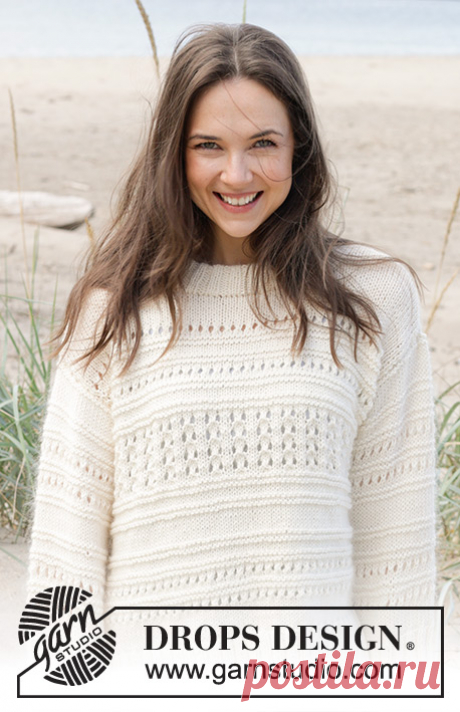 Knitted jumper in DROPS Cotton Merino or DROPS Sky and DROPS Kid-Silk. The piece is worked bottom up, with relief-pattern, lace pattern and splits in the sides. Sizes S - XXXL.