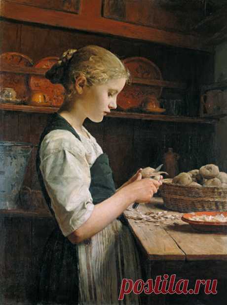 The small Kartoffelschälerin - Albert Anker as art print or hand painted oil.