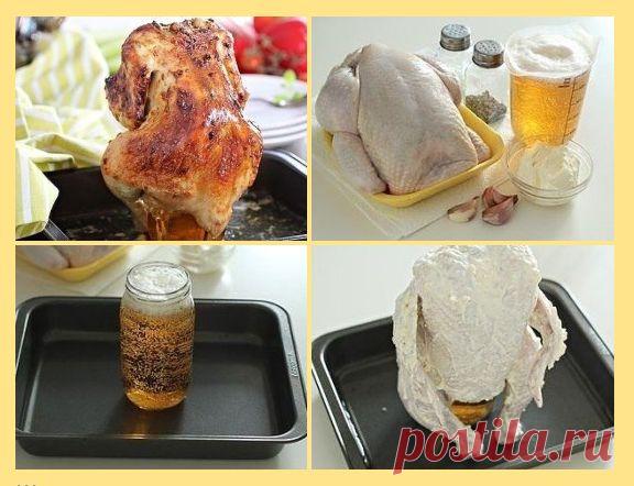 Курица, запечённая в духовке на банке с пивом