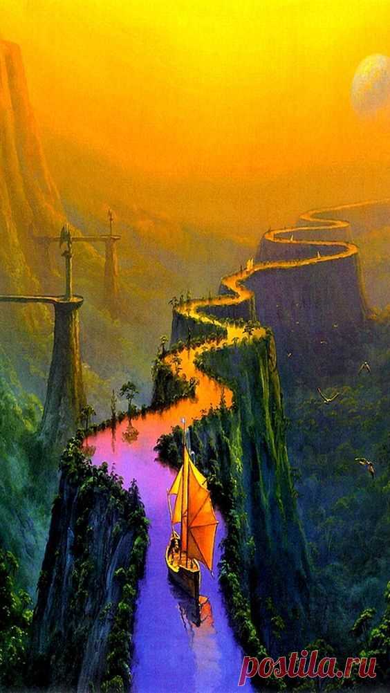 Рисунок. Водный канал в горах. Парусник. Рассвет.