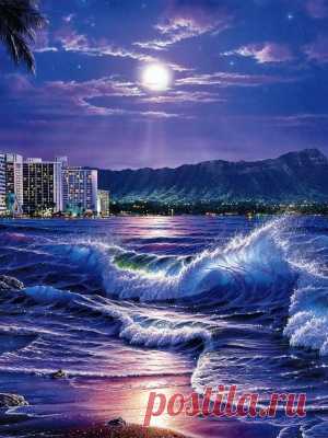 Скачать 240x320 Берег, море, волны, луна, костер, искусство обои, картинки Mobile Phone 240x320