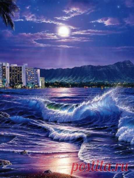 Скачать 240x320 Берег, море, волны, луна, костер, искусство обои, картинки Mobile Phone 240x320