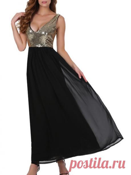 Color Block Paillette Fancy V Neck Party-dress - fashionmia.com