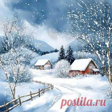 a painting of a snowy landscape with houses and trees