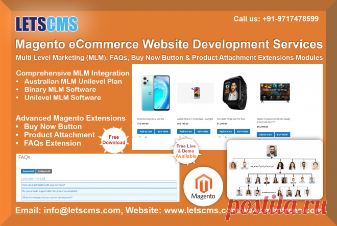 Magento eCommerce Website Development with MLM, FAQs, Buy Now Button & Product Attachment Extensions

Magento eCommerce website development with customizations refers to the process of building, designing, and tailoring eCommerce platforms using the Magento 2 (Adobe Commerce) framework to meet specific business requirements. Magento is a leading open-source eCommerce platform known for its scalability, flexibility, and extensive features.