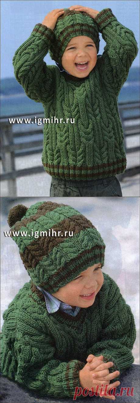 Зеленый пуловер и шапочка с косами, для мальчика 2-8 лет. Спицы