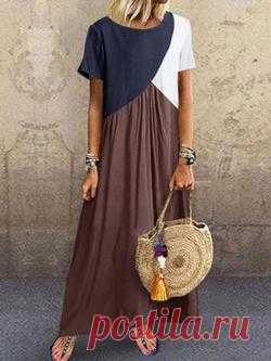 Color-Block Cotton-Blend Holiday Short Sleeve Causal Dresses – NORACORA