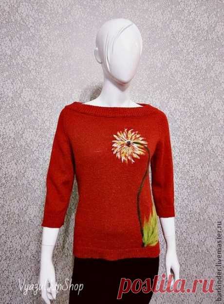 Вязаный пуловер &quot;Гербера&quot; - ярко-красный,рисунок,пуловер,пуловер вязаный