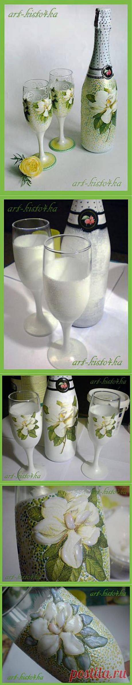 Свадебное шампанское и бокалы. Объемный декупаж. Мастер-класс..