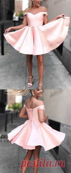 off the shoulder pink stain homecoming dresses short, vinatge lace up back short dress for prom, a line semi formal dresses