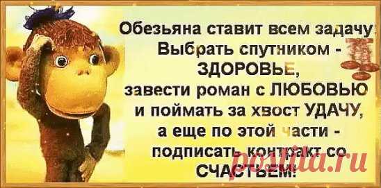 Встречаем год Огненной Обезьяны! 

Обезьяна ставит всем задачу: 
Выбрать спутником — Здоровье, 
Завести роман с Любовью, 
И поймать за хвост Удачу, 
А ещё по этой части — подписать контракт со Счастьем!
