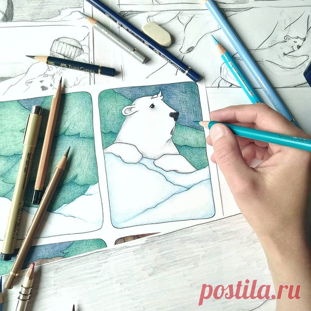 Делимся с вами несколькими фотографиями процесса работы над комиксом «Медвежонок Фёдор» из инстаграма автора Юлии Мартыщенко. Каждую картинку Юлия рисовала от руки цветными карандашами. Поэтому иллюстрации получились мягкими, живыми и уютными. 💙 Сейчас комикс про Фёдора можно купить со скидкой 50% → mif.to/ta6VW